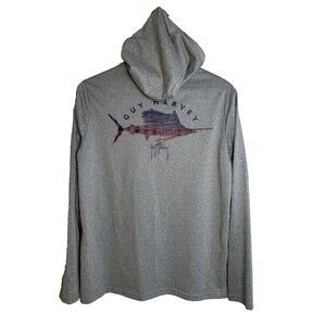Guy Harvey Lightweight Performance Hoodie Men's Small Grey w/ Sailfish Artwork
